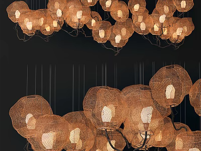 Vintage Crystal Chandelier With Hanging Lamps And Woven Shades In Interior Design 3d model
