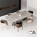 Modern Restaurant Interior With Long Dining Table And Minimalist Patterned Wall Design 3d model