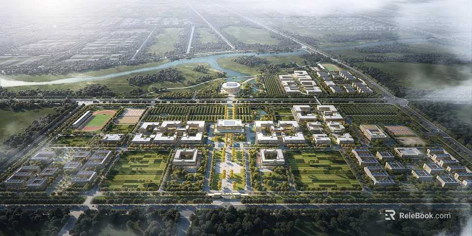 Aerial Planning View Of Urban Layout With Symmetric Buildings Green Spaces And River Networks 3d model 