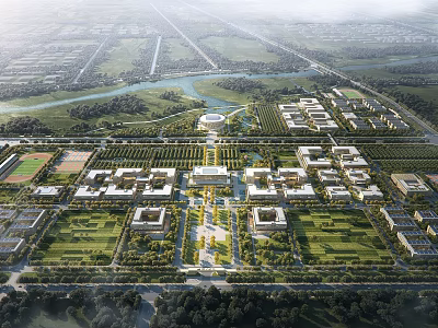 Aerial Planning View Of Urban Layout With Symmetric Buildings Green Spaces And River Networks 3d model