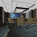Modern Conference Room Interior With Large Table Leather Chairs And Chandelier
