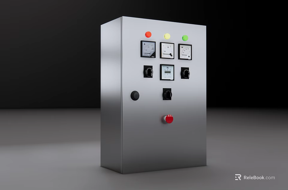 Industrial Electrical Control Panel with Colored Indicator Lights Meters Switches and Emergency Button 3d model 