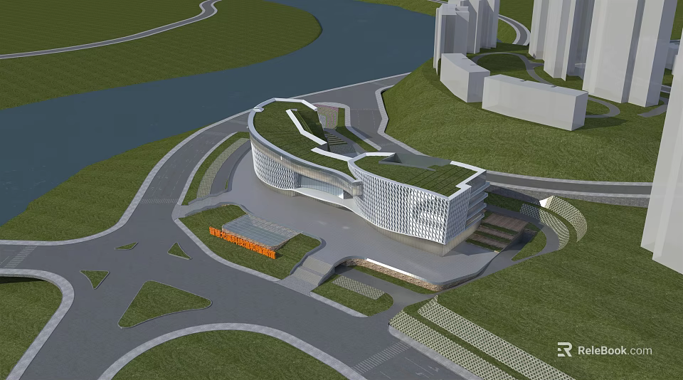 Modern Office Building With Unique Curved Architecture Green Roof And Surrounding Greenery 3d model 