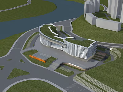 Modern Office Building With Unique Curved Architecture Green Roof And Surrounding Greenery 3d model