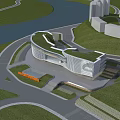 Modern Office Building With Unique Curved Architecture Green Roof And Surrounding Greenery