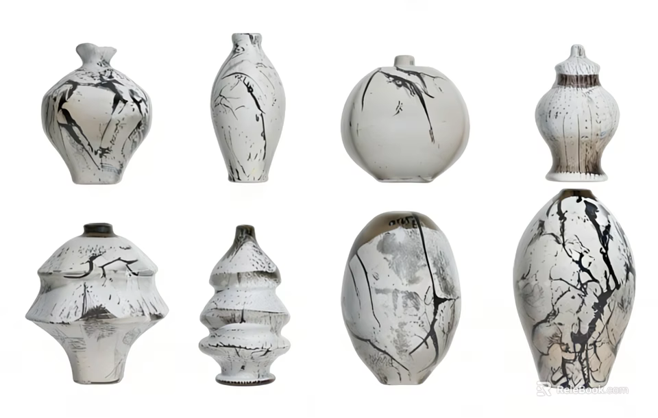 White Ceramic Vessels With Black Crackle Patterns and Various Artistic Shapes for Modern Decor 3d model 