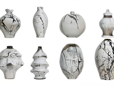 White Ceramic Vessels With Black Crackle Patterns and Various Artistic Shapes for Modern Decor 3d model