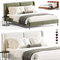 White and Orange Headboard Double Bed with Pillows Striped Blanket and Nightstand