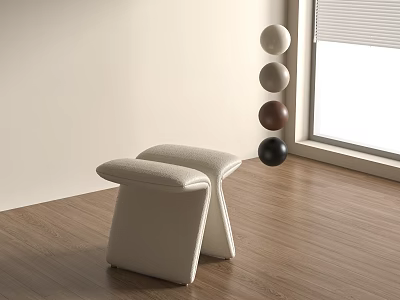 Modern White Cushioned Stool in Interior with Wooden Floor Circular Wall Decor and Window Blinds 3d model