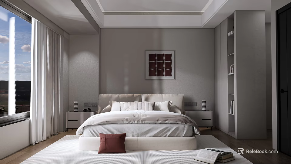 Modern Bedroom Interior Design With Large Bed White Bedding Nightstands Decorative Wall Art Floor Rug 3d model 