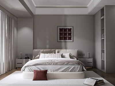 Modern Bedroom Interior Design With Large Bed White Bedding Nightstands Decorative Wall Art Floor Rug 3d model