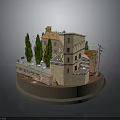 Miniature Building Model With Stone Walls Red Roof Terrace Cypress Trees And Circular Base