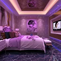 Luxury Sauna Shower Lounge With Purple Sofas TV Screens And Decorative Murals