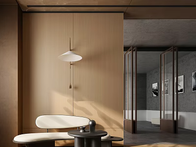 Elegant Minimalist Leisure Area Interior With Wooden Wall Hanging Lamp And Round Coffee Table 3d model