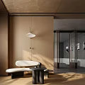 Elegant Minimalist Leisure Area Interior With Wooden Wall Hanging Lamp And Round Coffee Table