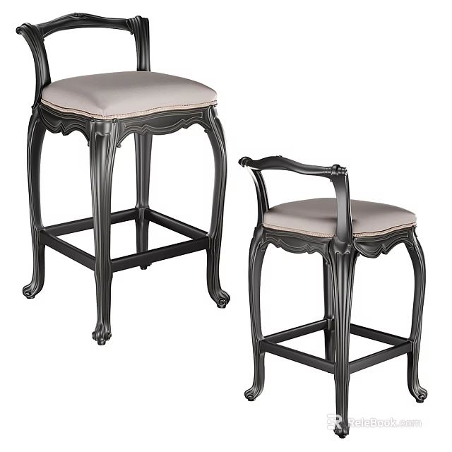 Pair of Classic Bar Stools Featuring Black Wooden Frame And Light Seat Cushions 3d model 