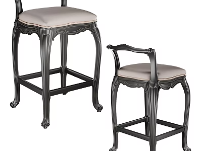Pair of Classic Bar Stools Featuring Black Wooden Frame And Light Seat Cushions 3d model