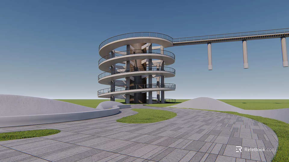 Modern Spiral Tower With Multi Level Open Observation Decks And Connecting Bridge 3d model