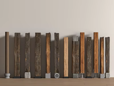 Wooden Columns With Various Designs And Stone Bases Arranged On Wooden Floor Against Light Wall 3d model
