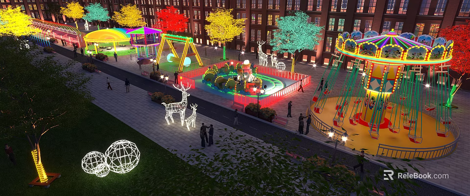 Colorful Children's Play Area With Swings Slides Animal Figures And Night Lighting 3d model 