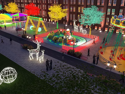 Colorful Children's Play Area With Swings Slides Animal Figures And Night Lighting 3d model