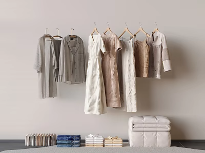 Hanging Clothes In Neutral Tones With Folded Items In Minimalist Interior 3d model