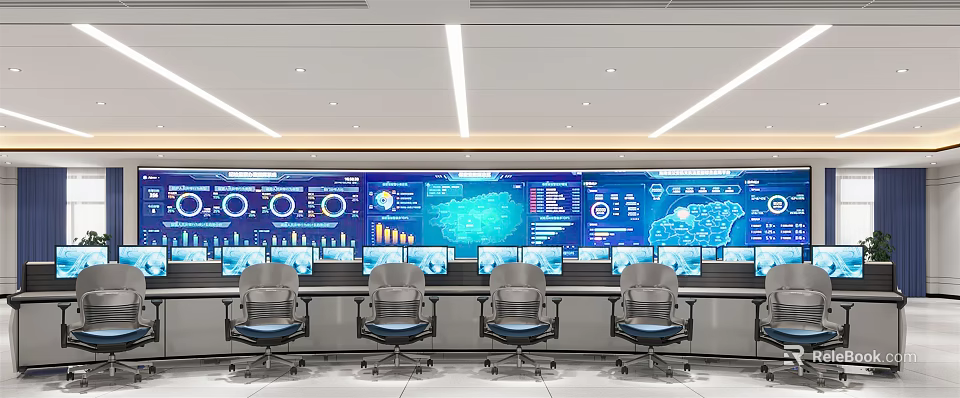 Modern High Tech Control Room Interior With Multiple Screens And Data Visualization Displays 3d model