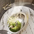 Modern Spiral Staircase Interior With Glass Railing Hanging Chandelier And Green Plants