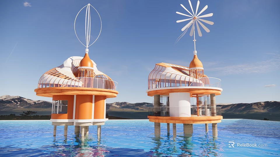 Boutique Waterfront Guest House With Orange Exterior Domed Roof Windmill Decorations Overlooking Water And Mountains 3d model 