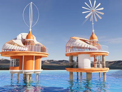 Boutique Waterfront Guest House With Orange Exterior Domed Roof Windmill Decorations Overlooking Water And Mountains 3d model