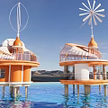 Boutique Waterfront Guest House With Orange Exterior Domed Roof Windmill Decorations Overlooking Water And Mountains