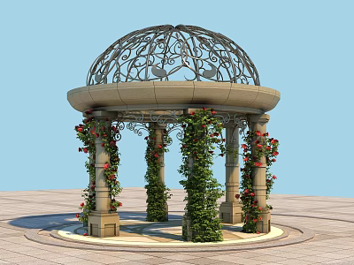 Ornate Gazebo With Intricate Ironwork Dome Stone Base And Climbing Red Flowers On Columns 3d model