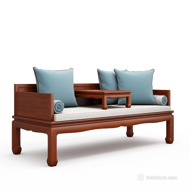 Traditional Chinese Solid Wood Daybed With Blue Cushions And Wooden Armrests Design 3d model 
