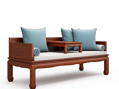 Traditional Chinese Solid Wood Daybed With Blue Cushions And Wooden Armrests Design 3d model