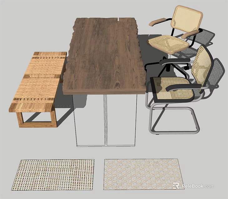Wooden Dining Table Set With Chairs Bench And Rugs For Dining Space 3d model