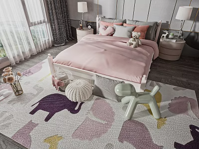 Cozy Pink Kids Bed with Pillows Stuffed Toy Small Stool and Animal Pattern Rug 3d model