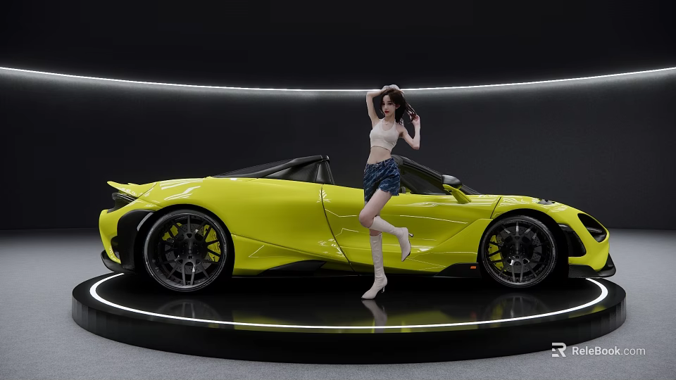 Yellow Modern Convertible Sports Car Showcased On Circular Platform With Sleek Design 3d model 