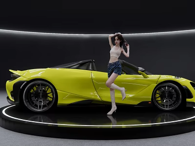 Yellow Modern Convertible Sports Car Showcased On Circular Platform With Sleek Design 3d model