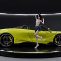 Yellow Modern Convertible Sports Car Showcased On Circular Platform With Sleek Design