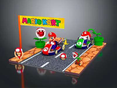 Mario and Luigi Mario Kart Go Karts on Track with Sign Mushrooms and Piranha Plants 3d model