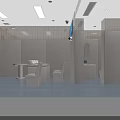 Public Restroom Interior With Multiple Stalls Blue Walls And Gray Doors