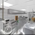 Restaurant Commercial Kitchen Featuring Stainless Steel Worktables Mixer Bamboo Steamers Range Hood And Tile Walls