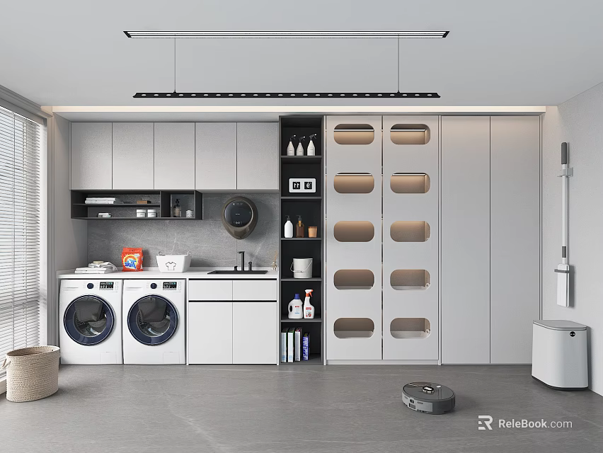 Home Balcony With Washing Machine Dryer Storage Cabinets Clothes Drying Rod Bookshelf And Robot Vacuum 3d model 