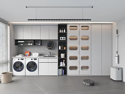 Home Balcony With Washing Machine Dryer Storage Cabinets Clothes Drying Rod Bookshelf And Robot Vacuum 3d model