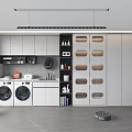Home Balcony With Washing Machine Dryer Storage Cabinets Clothes Drying Rod Bookshelf And Robot Vacuum