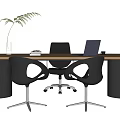 Modern Wooden Desk With Metal Legs Office Chairs Laptop Books And Green Plant