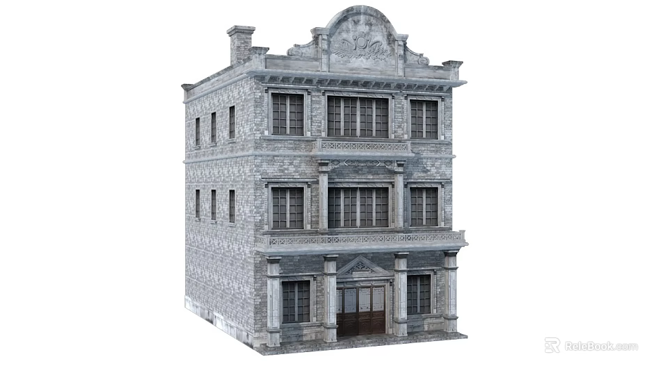 Classical Style Commercial Complex With Three Story Stone Masonry Ornate Facade Windows And Central Entrance 3d model 