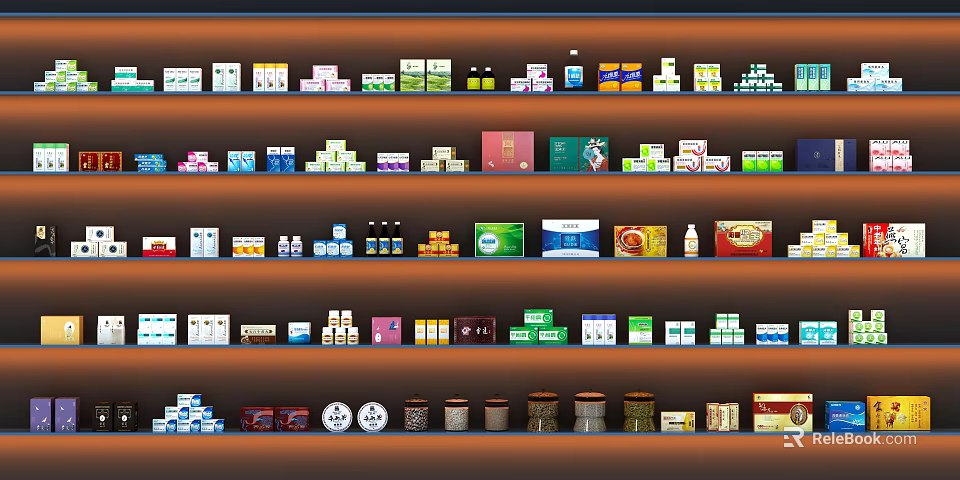 Various Medical Devices And Packaged Supplies Displayed On Storage Shelves 3d model 