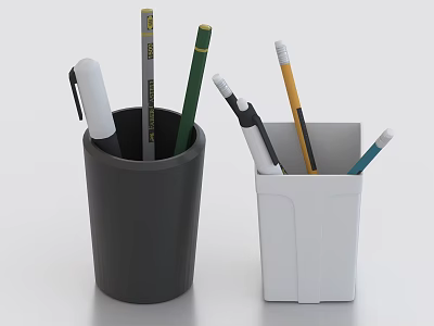 Black and white pencil holders with various colorful pens and pencils 3d model