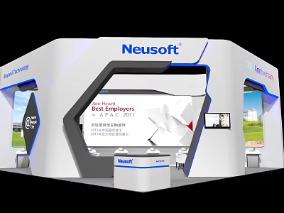 Neusoft Modern Exhibition Booth Design With White Blue Accents And Display Screens 3d model